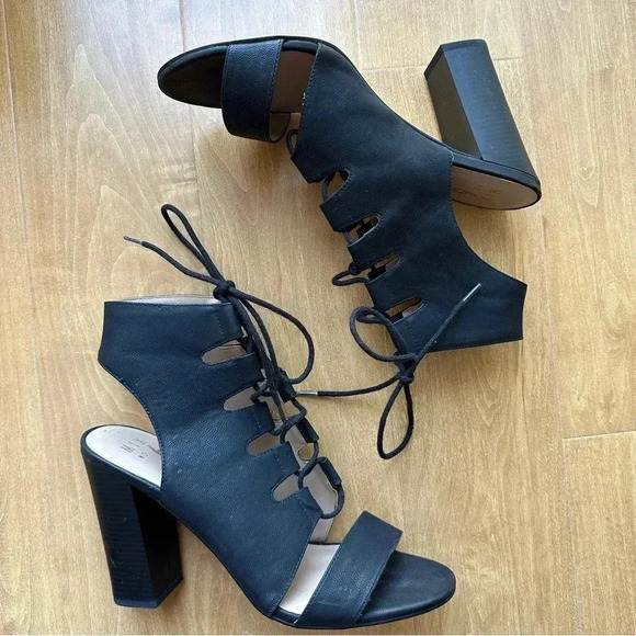 Mix No. 6 Black Lace Up Block Heels, Cocktail Party Sandal Heels, Size 10 - Picture 1 of 13